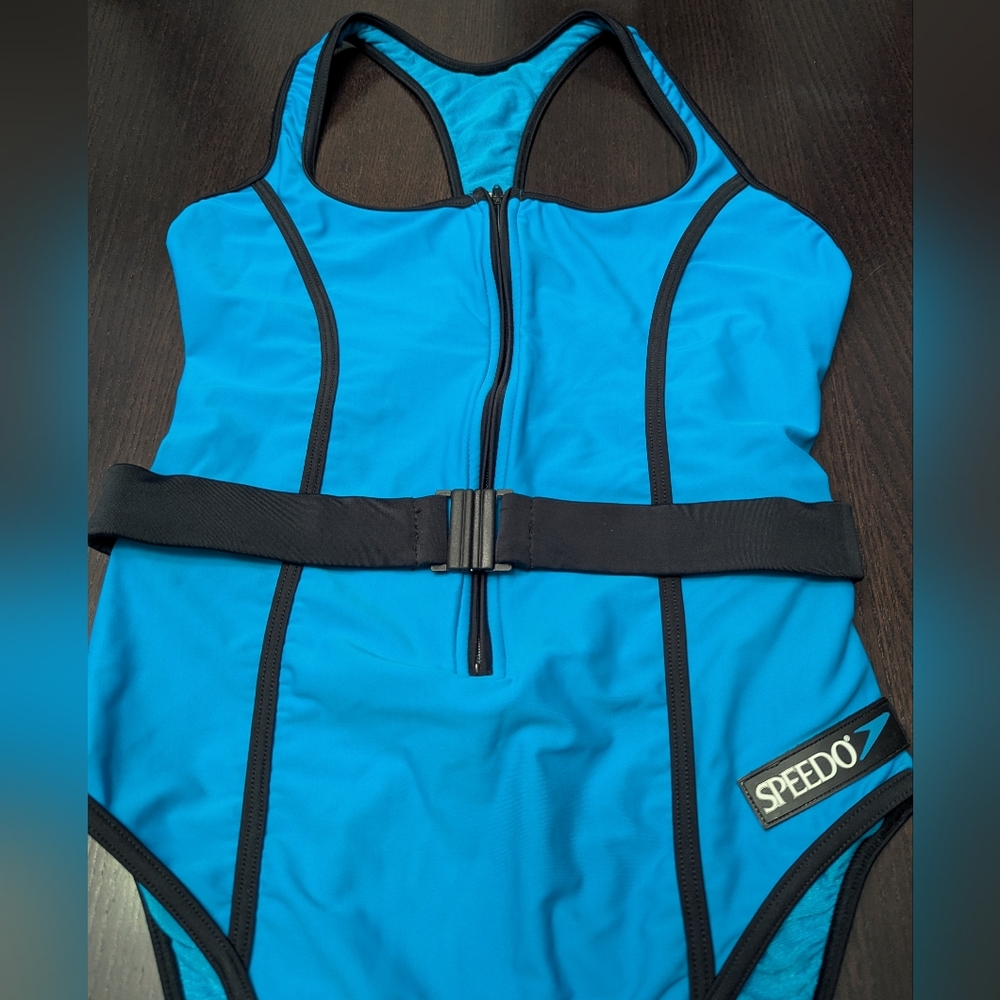 Vintage Speedo One Piece Swimsuit Aerobics 80s Neon Blue Belt Sz 14 - Picture 2 of 8